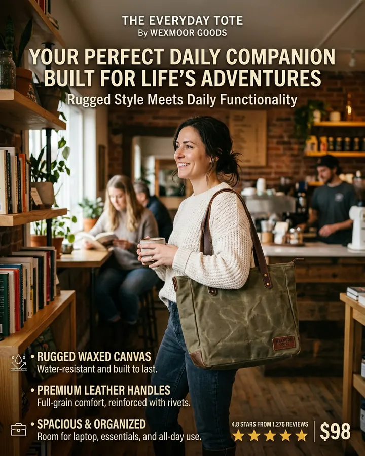 AI output for the second prompt: a smiling woman holding a coffee cup in a busy café with an olive tote over her shoulder, under the headline Your perfect daily companion, built for life's adventures, with three benefits, the rating and $98.