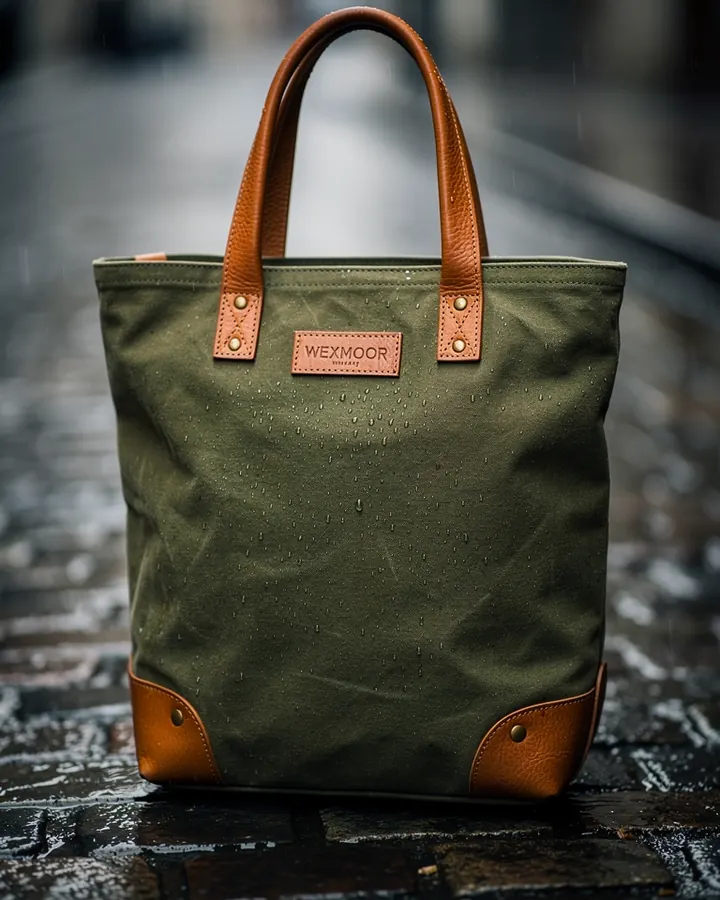 AI output for the third prompt: an olive tote with tan leather handles and corners, rain beading on the canvas, standing on wet cobblestones, with a leather patch reading Wexmoor above a line of garbled small text.