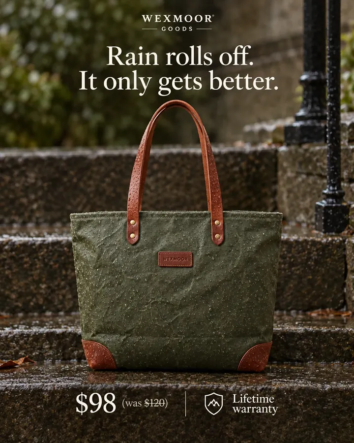 AI output for the fourth prompt: Wexmoor's olive tote with tan handles, corners and a leather patch standing on a wet stone step with raindrops on the canvas, under the headline Rain rolls off. It only gets better., with $98 (was $120) and Lifetime warranty.