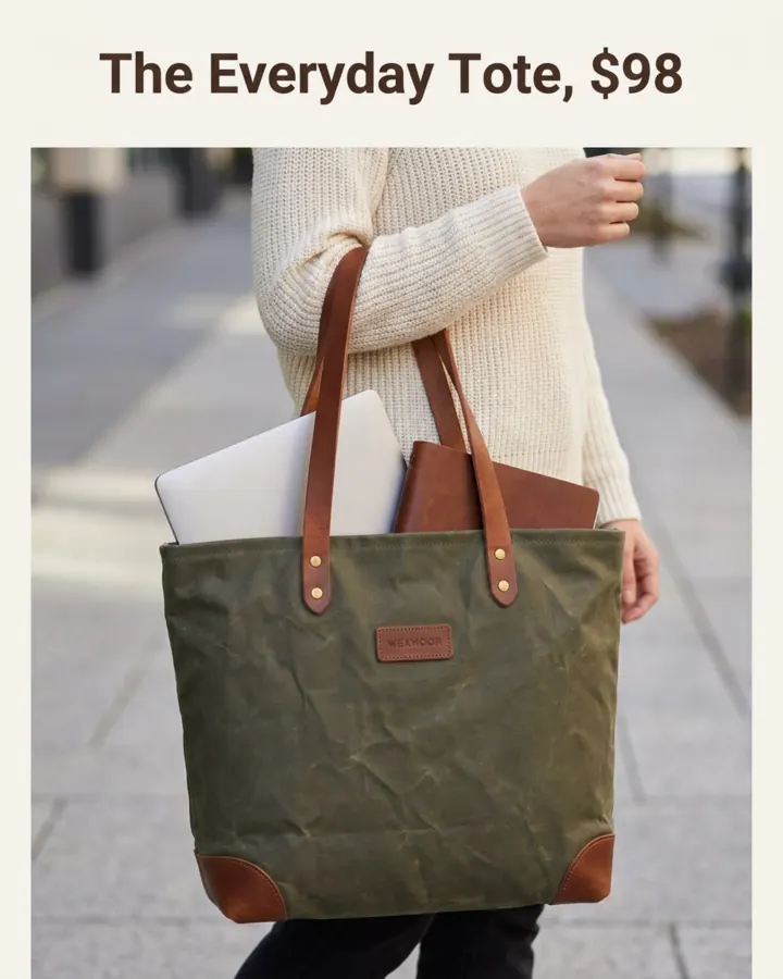 AI output for the fifth prompt: a woman in a cream knit sweater walking with the olive Wexmoor tote held by its tan handles, a laptop and a leather notebook showing at the top, under a band reading The Everyday Tote, $98.