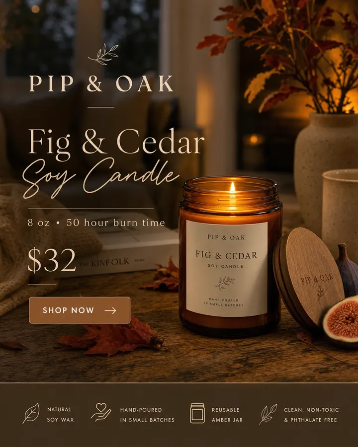 AI output for the first prompt: a lit amber jar candle with a tall cream label and an engraved wooden lid on a table with autumn leaves and figs, beside a book with a real magazine's title, with Fig & Cedar Soy Candle, 8 oz, 50 hour burn time, $32 and a row of badges including clean, non-toxic and phthalate free.