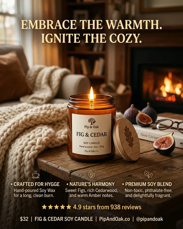 AI output for the second prompt: a lit amber candle labelled Pip & Oak Fig & Cedar, 9 oz, on a table by a fireplace and a knit blanket, under the headline Embrace the warmth. Ignite the cozy., with three benefits, 4.9 stars from 938 reviews and a made-up web address and social handle.
