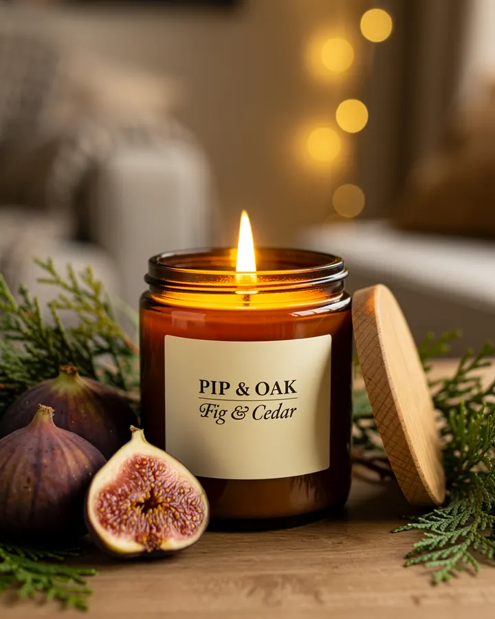 AI output for the third prompt: a lit amber jar candle with a cream label reading Pip & Oak in serif and Fig & Cedar in script, its wooden lid leaning on the jar, among figs and cedar sprigs with warm bokeh, and no ad text.