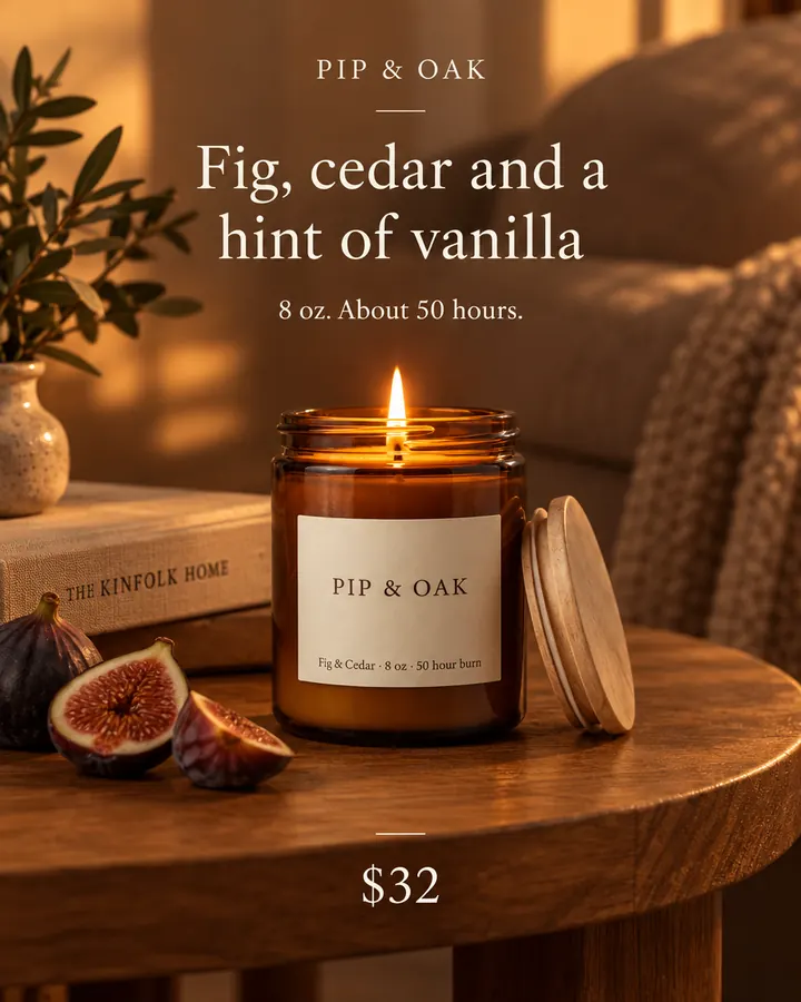 AI output for the fourth prompt: Pip & Oak's lit amber jar with its original label and wooden lid on a round oak table beside halved figs and a book whose spine shows a real magazine's name, under the headline Fig, cedar and a hint of vanilla, 8 oz. About 50 hours. and $32.