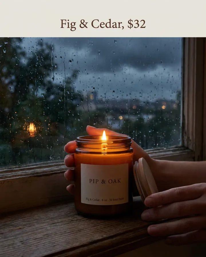 AI output for the fifth prompt: two hands around Pip & Oak's lit amber candle on a windowsill with rain on the glass, the wooden lid pressed to the side of the jar, inside a white frame under the line Fig & Cedar, $32.