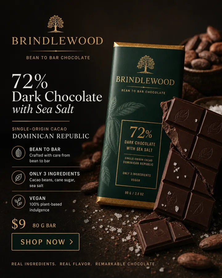 AI output for the first prompt: a dark green chocolate wrapper with a gold tree logo and a gold frame reading Brindlewood 72% Dark Chocolate with Sea Salt, beside broken squares with salt flakes, with bean-to-bar, 3 ingredients and vegan points, $9 and a Shop now button.
