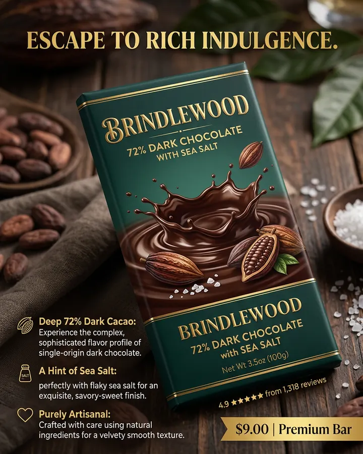 AI output for the second prompt: a teal box-style wrapper printed with a chocolate splash and cacao pods, Brindlewood twice and Net Wt 3.5oz (100g), on a table with cacao beans and salt, under the headline Escape to rich indulgence., with three benefits, 4.9 stars and $9.00.
