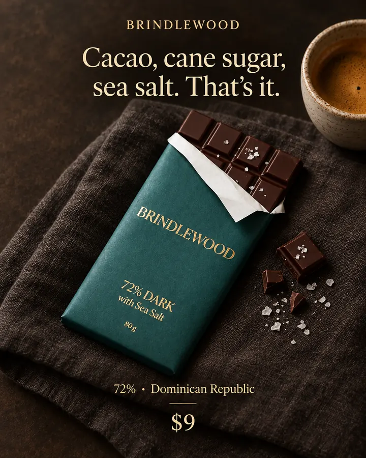 AI output for the fourth prompt: Brindlewood's teal wrapper with gold type, peeled back over white foil, on a dark linen napkin with broken pieces and an espresso, under the headline Cacao, cane sugar, sea salt. That's it., with 72% · Dominican Republic and $9.