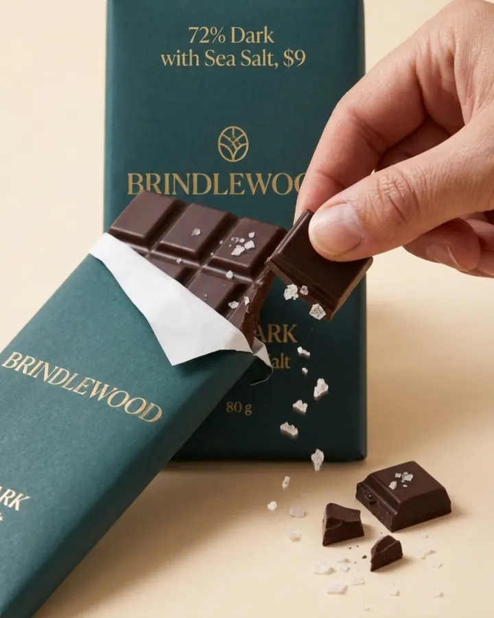 AI output for the fifth prompt: a hand snapping a square off the Brindlewood bar with salt falling, while a second, upright Brindlewood box behind it carries the words 72% Dark with Sea Salt, $9 and a leaf logo, its brand name cut off at the edge.
