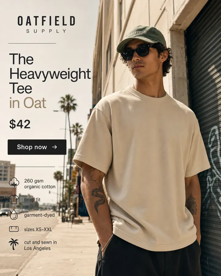 AI output for the first prompt: a young man in sunglasses and a green cap with Oatfield on it, wearing a boxy oat T-shirt on a sunny palm-lined street, beside the brand name, The Heavyweight Tee in Oat, $42, a Shop now button and five feature lines.