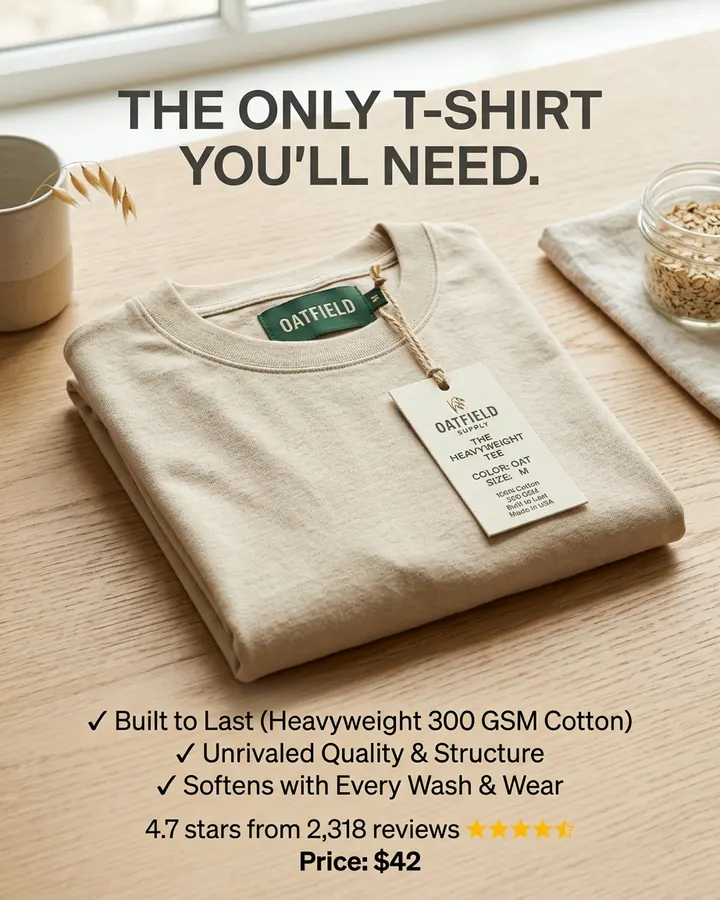 AI output for the second prompt: a folded oat T-shirt with a green Oatfield neck label and a white hang tag on a wooden table, under the headline The only T-shirt you'll need., with three ticked benefits, the rating and Price: $42.