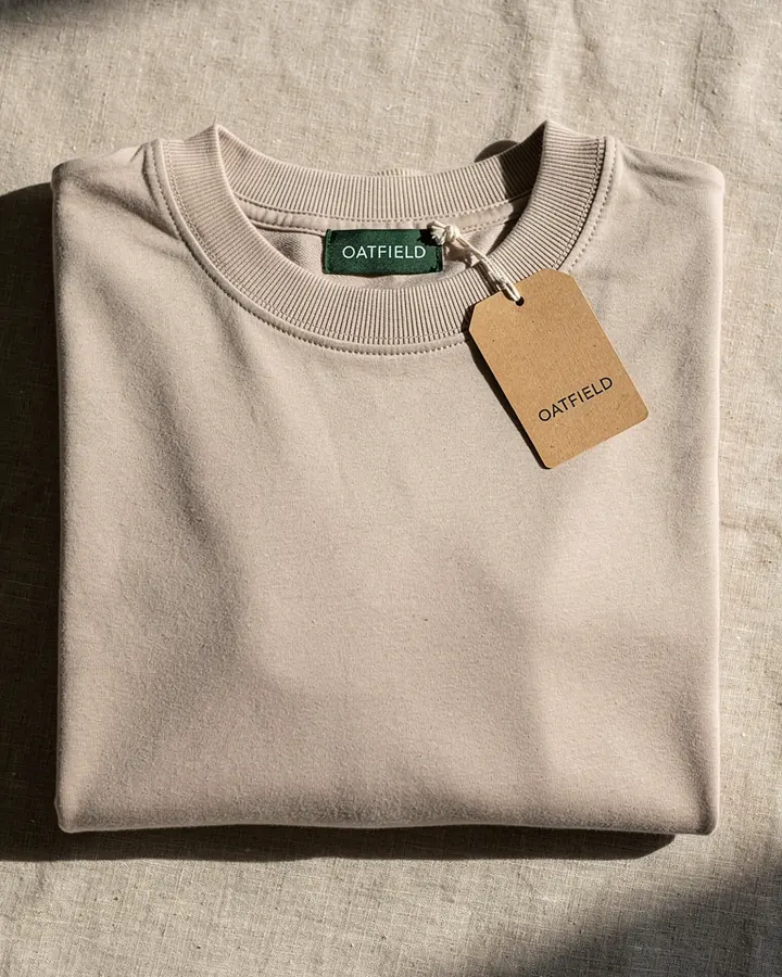 AI output for the third prompt: a folded oat T-shirt with a thick ribbed collar, a green woven Oatfield neck label and a kraft hang tag printed Oatfield, on a linen backdrop, with no other text.