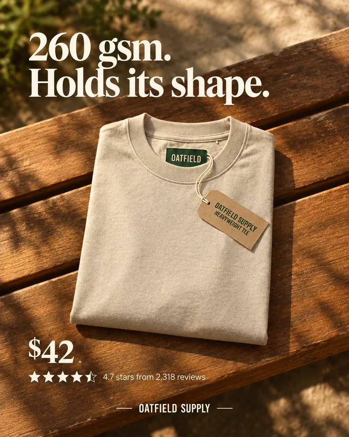 AI output for the fourth prompt: Oatfield's folded oat tee with its green neck label and kraft hang tag reading Oatfield Supply Heavyweight Tee on a wooden bench in warm light, under the headline 260 gsm. Holds its shape., with $42 and the rating.
