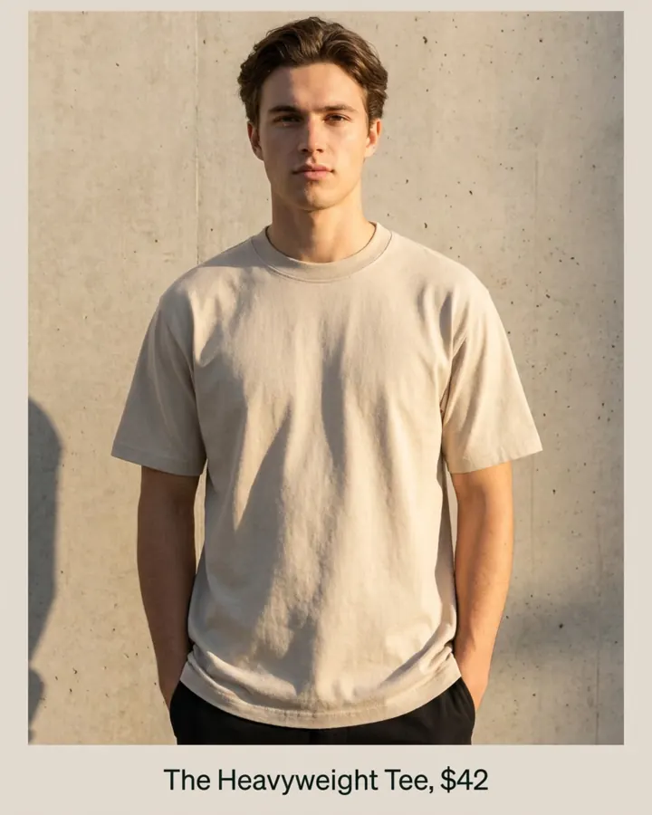 AI output for the fifth prompt: a young man in an oat T-shirt standing against a sunlit concrete wall with his hands in his pockets, inside a frame with The Heavyweight Tee, $42 below.