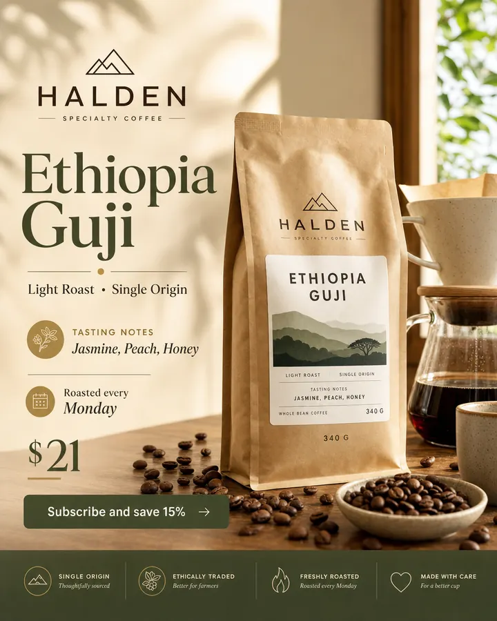 AI output for the first prompt: a kraft coffee bag with an illustrated landscape label and no valve beside a pour-over and dark beans in morning light, with Halden Ethiopia Guji, light roast, the tasting notes, roasted every Monday, $21, a Subscribe and save 15% button and a badge row.