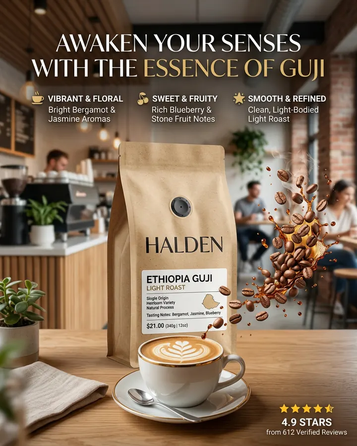 AI output for the second prompt: a kraft bag with a black valve and a Halden label reading Heirloom Variety, Natural Process, in a café with a latte and flying dark beans, under the headline Awaken your senses with the essence of Guji, with three benefits and 4.9 stars from 612 verified reviews.