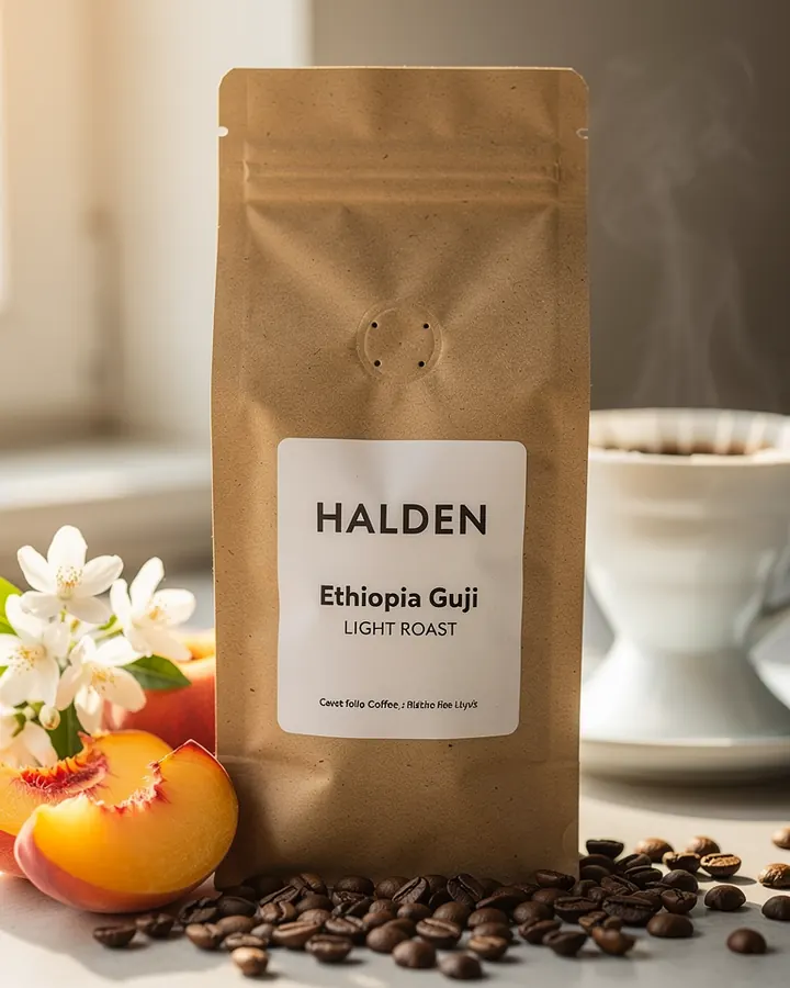 AI output for the third prompt: a kraft bag with a white sticker label reading Halden Ethiopia Guji Light Roast above a line of garbled small text, next to jasmine flowers, peach slices, beans and a white cup, with no ad text.