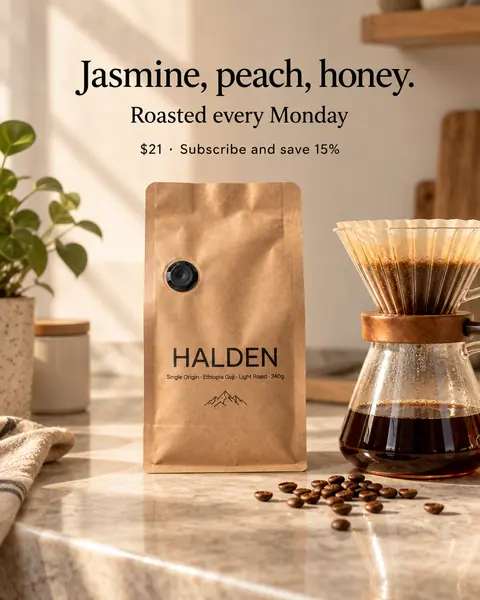 AI output for the fourth prompt: Halden's plain kraft bag with its black valve and small line Single Origin, Ethiopia Guji, Light Roast, 340g on a marble counter beside a glass pour-over and a few beans, under the headline Jasmine, peach, honey., with Roasted every Monday and $21, Subscribe and save 15%.
