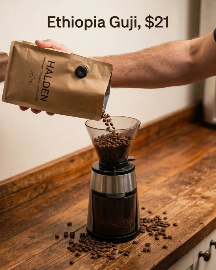 AI output for the fifth prompt: a man's hand tipping Halden's kraft bag, with the Halden name running sideways up the bag, pouring dark beans into a grinder on a wooden counter, under the line Ethiopia Guji, $21.
