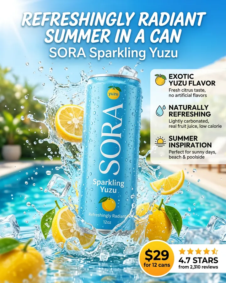AI output for the second prompt: a light blue can with a vertical Sora logo, a yuzu sticker and the words Refreshingly Radiant printed on it, in a splash by a pool, under the headline Refreshingly radiant summer in a can, with three benefits, $29 for 12 cans and 4.7 stars from 2,310 reviews.