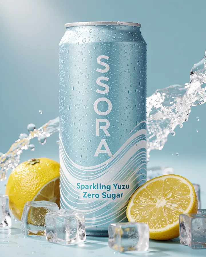 AI output for the third prompt: a wide light blue can with a white wave pattern reading SSORA vertically and Sparkling Yuzu Zero Sugar near the base, with condensation, ice cubes, yuzu halves and a frozen splash, and no ad text.