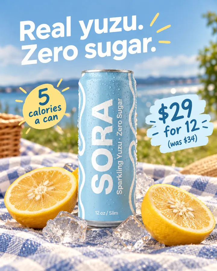 AI output for the fourth prompt: Sora's slim light blue can with its white vertical name, Sparkling Yuzu, Zero Sugar and 12 oz, Slim on a checked picnic blanket by the sea with ice and two yuzu halves, under the headline Real yuzu. Zero sugar., with 5 calories a can and $29 for 12 (was $34).