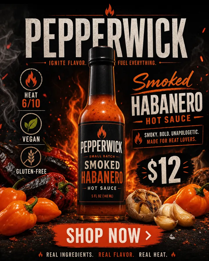 AI output for the first prompt: a woozy bottle with a black cap and a black label reading Pepperwick Smoked Habanero, surrounded by flames, habaneros and roasted garlic, with heat 6/10, vegan and gluten-free icons, $12 and a Shop now button.