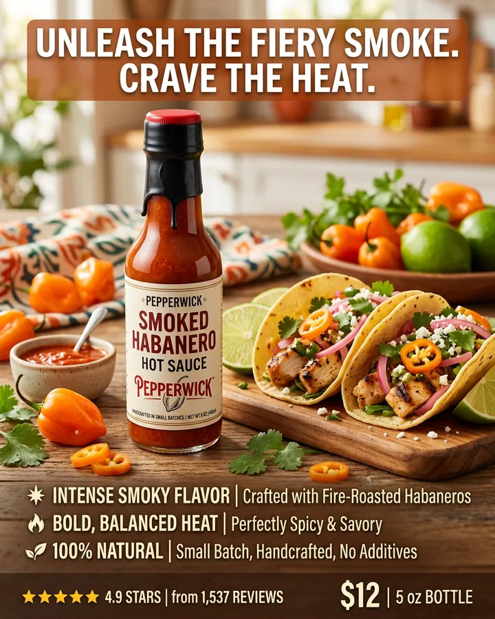 AI output for the second prompt: a hot sauce bottle with a black dripping wax cap and a cream label printed Pepperwick twice, beside tacos and habaneros, under the headline Unleash the fiery smoke. Crave the heat., with three benefits, 4.9 stars and $12.