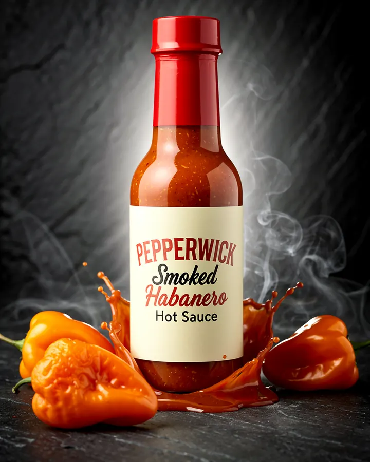 AI output for the third prompt: a short, wide hot sauce bottle with a red cap and a cream label reading Pepperwick Smoked Habanero Hot Sauce in script, on dark slate with a sauce splash, smoke and orange habaneros, with no text around it.