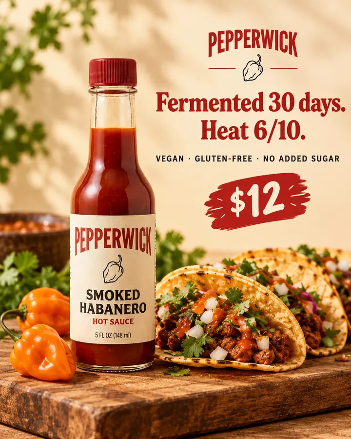 AI output for the fourth prompt: Pepperwick's woozy bottle with its red cap and cream label on a wooden board beside street tacos and habaneros, under the headline Fermented 30 days. Heat 6/10., with vegan, gluten-free, no added sugar and $12.