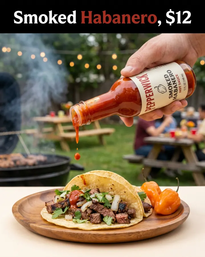 AI output for the fifth prompt: a hand tilting the Pepperwick bottle so sauce drips onto a taco on a wooden plate at a backyard barbecue, under a black bar reading Smoked Habanero, $12.