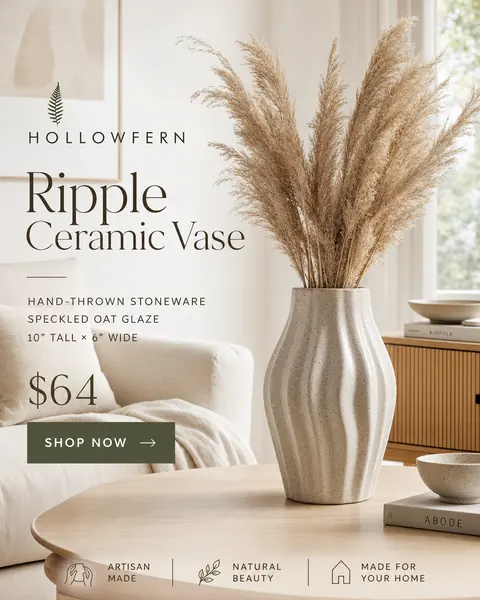 AI output for the first prompt: a tall, wavy, fluted speckled vase holding pampas grass on an oak table in a bright living room, beside books whose spines include a real magazine's title, with Hollowfern Ripple Ceramic Vase, the size, $64, a Shop now button and three badges.