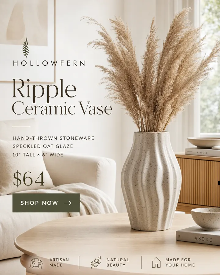 AI output for the first prompt: a tall, wavy, fluted speckled vase holding pampas grass on an oak table in a bright living room, beside books whose spines include a real magazine's title, with Hollowfern Ripple Ceramic Vase, the size, $64, a Shop now button and three badges.