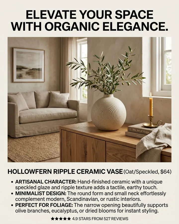 AI output for the second prompt: a round speckled vase with ridged rings holding olive branches on an oak sideboard in a beige living room, under the headline Elevate your space with organic elegance., with three benefits, the price and 4.9 stars from 527 reviews.