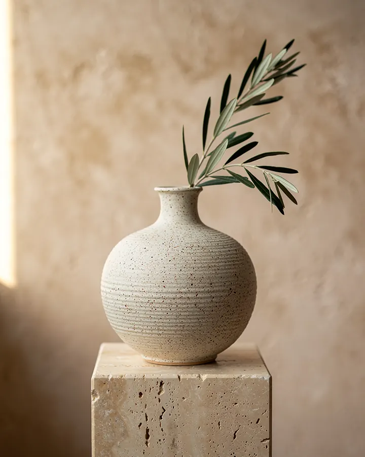 AI output for the third prompt: a round speckled stoneware vase with a narrow neck and an olive branch on a travertine plinth against a warm limewashed wall, with no text.