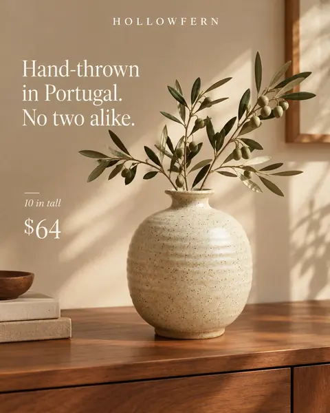 AI output for the fourth prompt: Hollowfern's round speckled vase with its soft throwing lines on a walnut console holding olive stems, under the headline Hand-thrown in Portugal. No two alike., with 10 in tall and $64.