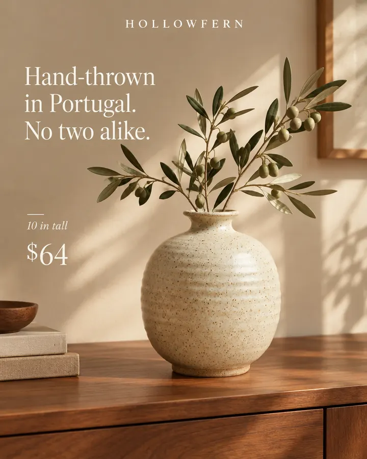 AI output for the fourth prompt: Hollowfern's round speckled vase with its soft throwing lines on a walnut console holding olive stems, under the headline Hand-thrown in Portugal. No two alike., with 10 in tall and $64.