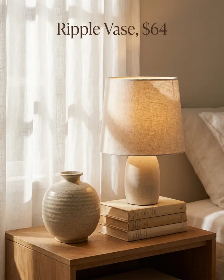 AI output for the fifth prompt: Hollowfern's speckled vase on a wooden bedside table next to a linen lamp and a stack of books, morning light through sheer curtains, under the line Ripple Vase, $64.