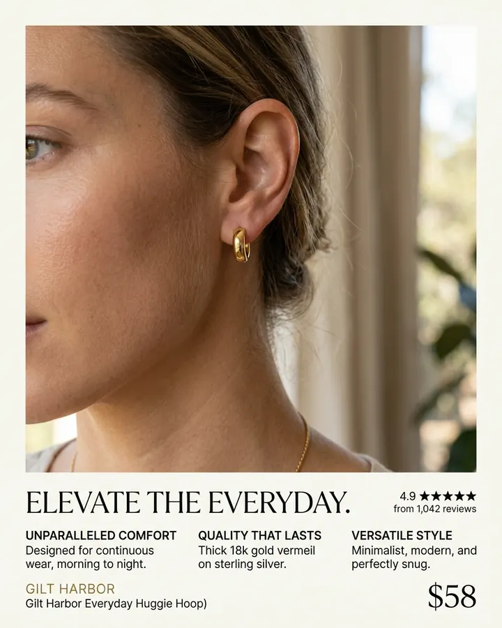 AI output for the second prompt: a side profile of a woman wearing one small gold huggie in her lobe, above the headline Elevate the everyday., three benefit columns, the rating, the brand name, a product line ending in a stray bracket and $58.