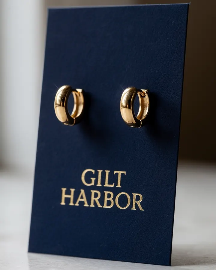AI output for the third prompt: a pair of chunky gold huggie hoops on a tall navy card standing upright, with GILT HARBOR printed in large gold serif letters below them and no other text.