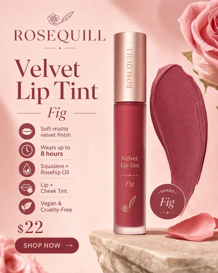 AI output for the first prompt: a wide lip tint tube with a rose gold cap and a raspberry-red liquid, a matching swatch and roses on a pink background, with five feature lines, a Fig shade badge, $22 and a Shop now button.