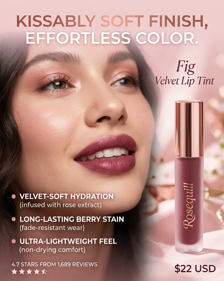 AI output for the second prompt: a close-up of a smiling model wearing a berry lip colour beside a tube with a script Rosequill logo, under the headline Kissably soft finish, effortless color., with three benefits, the rating and $22 USD.