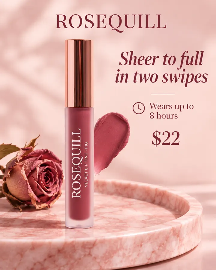 AI output for the fourth prompt: Rosequill's tube reading Rosequill Velvet Lip Tint Fig on a pink marble tray beside a dried rose and a fig swatch, under the headline Sheer to full in two swipes, with Wears up to 8 hours and $22.