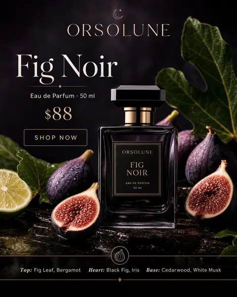 AI output for the first prompt: a tall, square, smoky-glass perfume bottle with a faceted black cap, a gold collar and a black label reading Orsolune Fig Noir, among cut figs and a lime slice, with $88, a Shop now button and the notes in a footer.