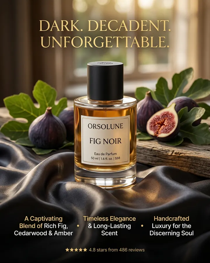 AI output for the second prompt: a round bottle with a black cap and a cream label on dark silk among figs, under the headline Dark. Decadent. Unforgettable., with three selling points and a 4.8 stars line.