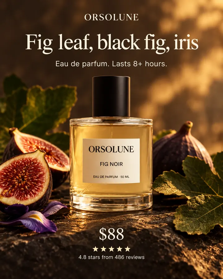 AI output for the fourth prompt: Orsolune's round bottle with its cream label on dark stone between halved figs, fig leaves and an iris flower, under the headline Fig leaf, black fig, iris, with $88 and 4.8 stars from 486 reviews.