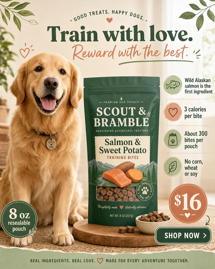 AI output for the first prompt: a golden retriever sitting beside a green pouch with a clear window, a salmon and sweet potato drawing and a round seal, under the headline Train with love. Reward with the best., with four product points, an 8 oz badge, $16 and a Shop now button.