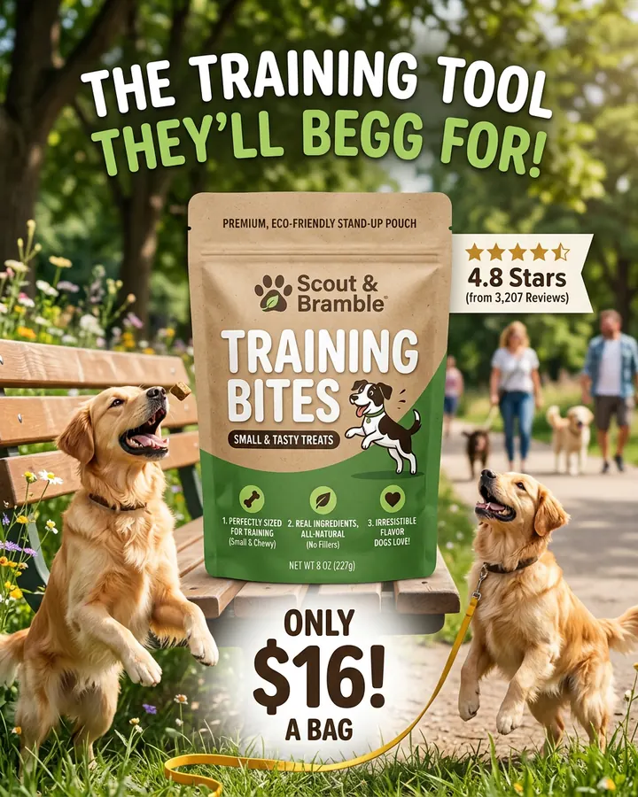 AI output for the second prompt: two golden dogs leaping in a park beside a kraft pouch with a green base reading Scout & Bramble Training Bites and Premium, eco-friendly stand-up pouch, under the headline The training tool they'll begg for!, with three benefits, 4.8 stars and Only $16! a bag.