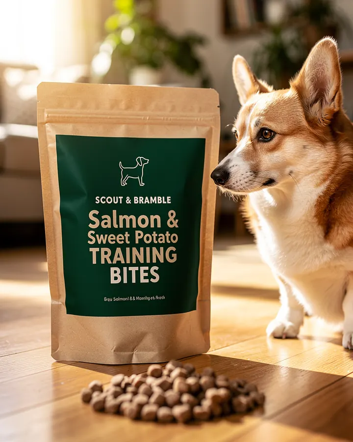 AI output for the third prompt: a corgi sniffing a kraft pouch with a dark green panel reading Scout & Bramble Salmon & Sweet Potato Training Bites, a line drawing of a standing dog and a garbled line of small print, beside a pile of brown treats on a wooden floor.