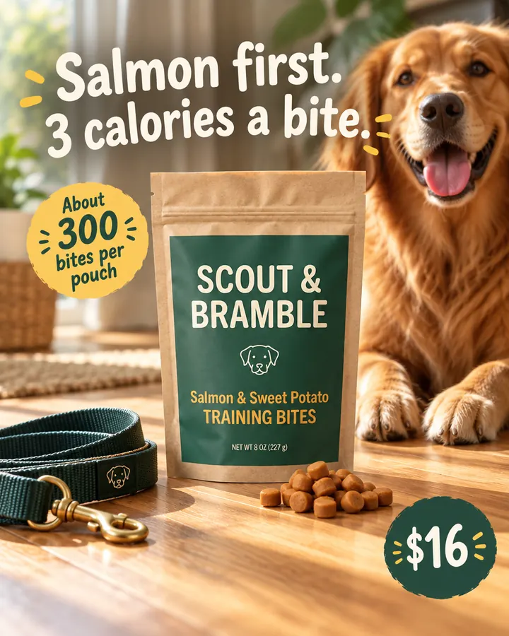AI output for the fourth prompt: Scout & Bramble's kraft and green pouch on a sunny wooden floor beside a green leash and a few treats, a golden retriever lying behind it, under the headline Salmon first. 3 calories a bite., with About 300 bites per pouch and $16.